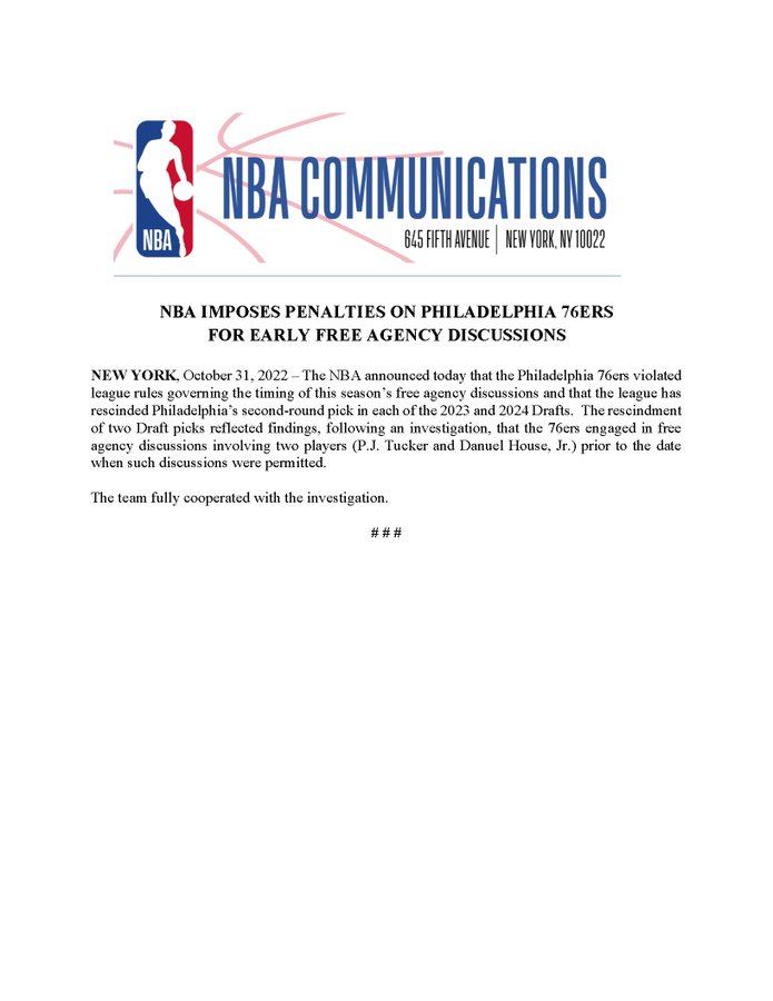 NBA investigation results released: 76ers fined two draft picks for early contact with free agency violations
