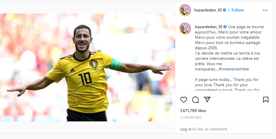 Belgium international Hazard announces his withdrawal from the national team