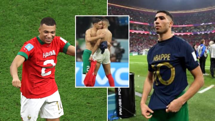 Piala Dunia Qatar - Mbappe bertukar kaus dengan temannya Hakimi dan menghiburnya