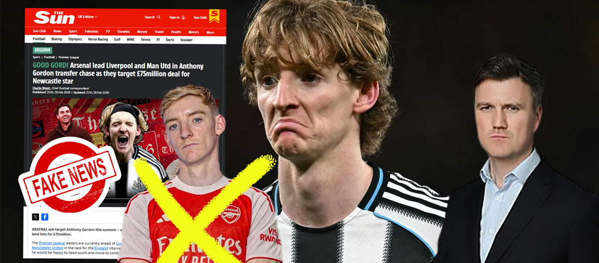 纽卡斯尔联前锋安东尼·戈登亲自怒斥他将在今夏转投阿森纳的不实传闻..